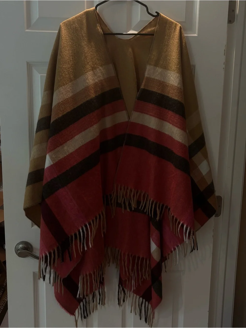 Striped Fringe Throw Poncho in Tan/Black/Pink